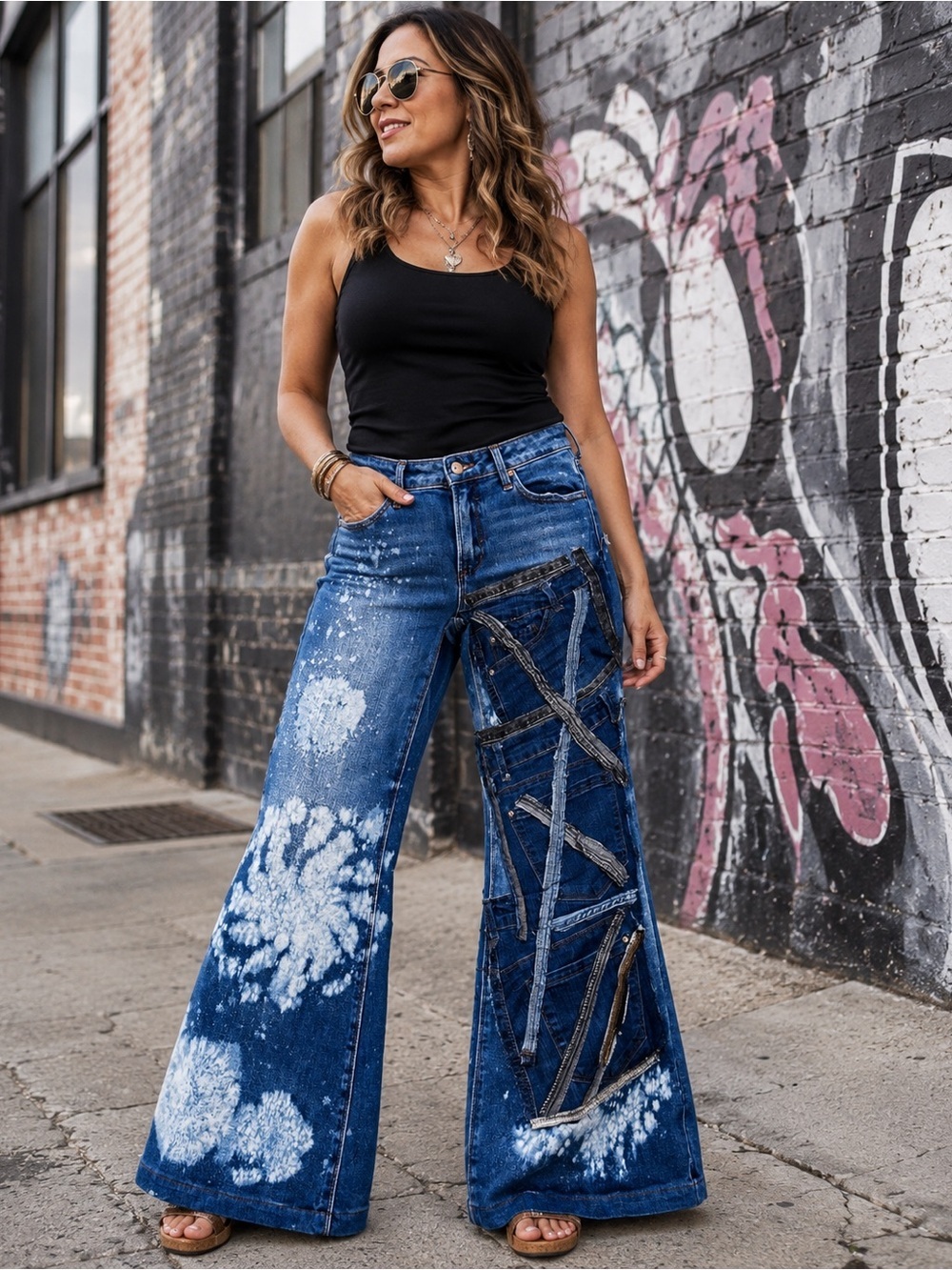 Handcrafted Upcycled Risen Wide-Leg Jeans | S 13/31 Women’s Boho Hippie Festival